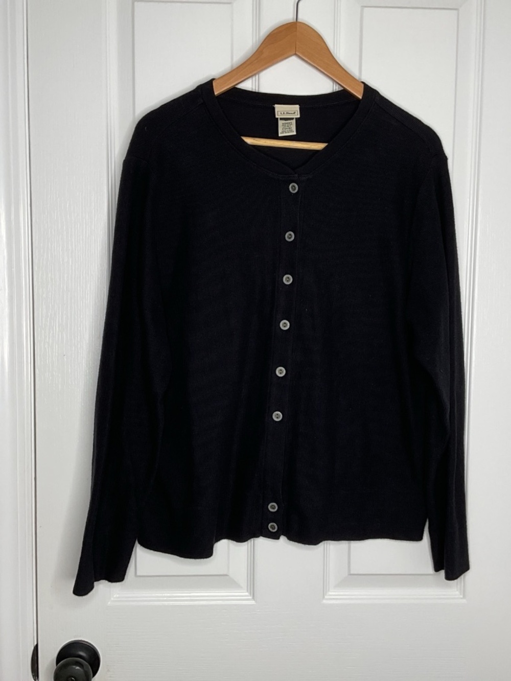LL Bean Cotton Button Front Black Cardigan PL Womens Classic Preppy Minimalist